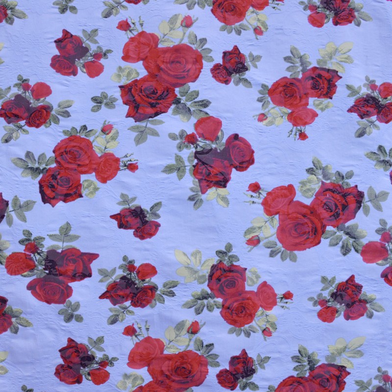 Tela Viscosa Rosas Fondo Azul Empolvado - Ribes y Casals