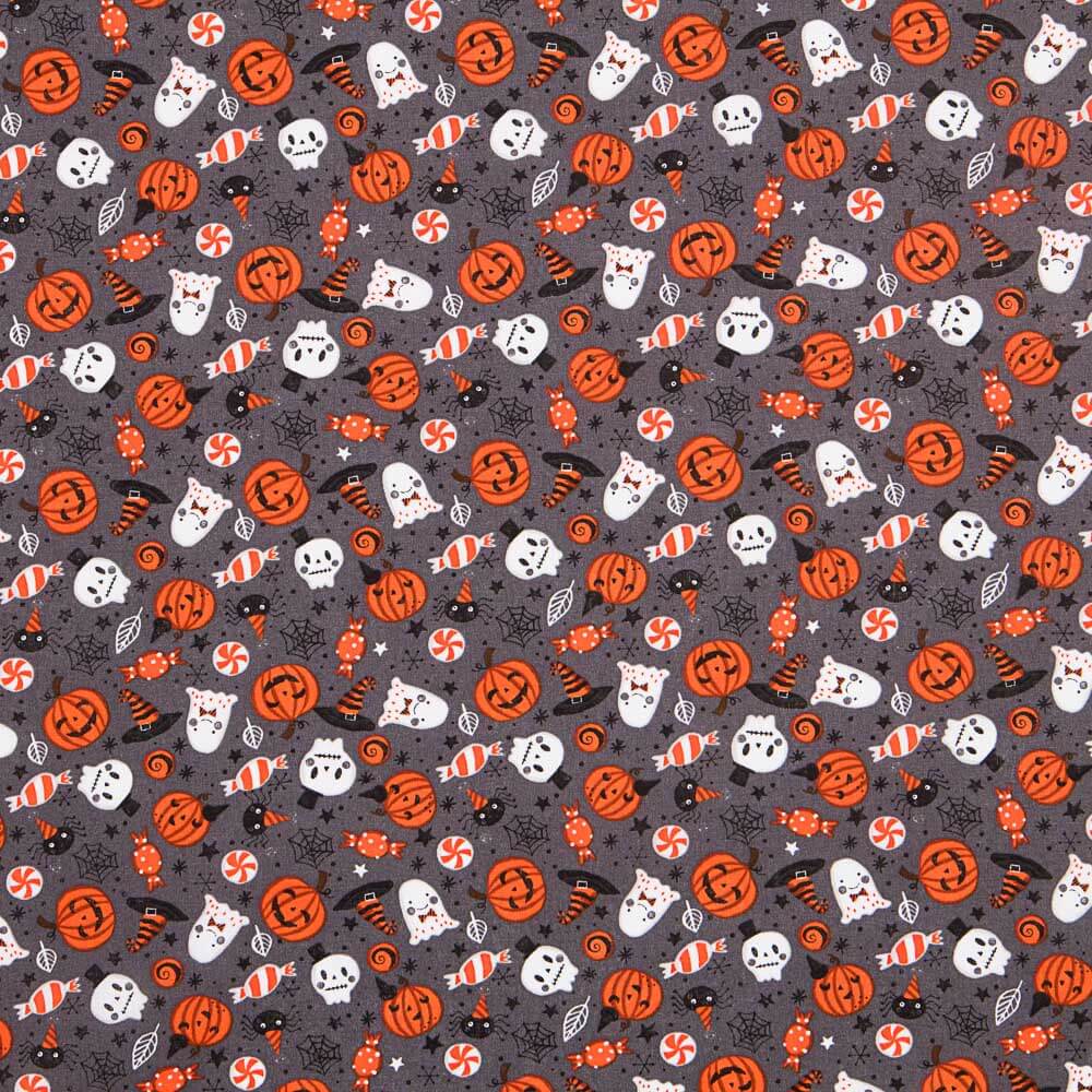 Popelín Halloween Calabazas Fantasma Gris Oeko-Tex® - Ribes y Casals
