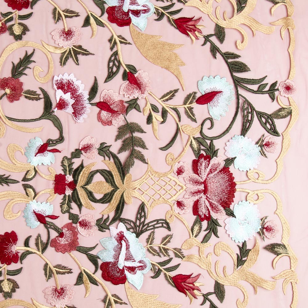 Tul Bordado Floral Granate - Ribes y Casals