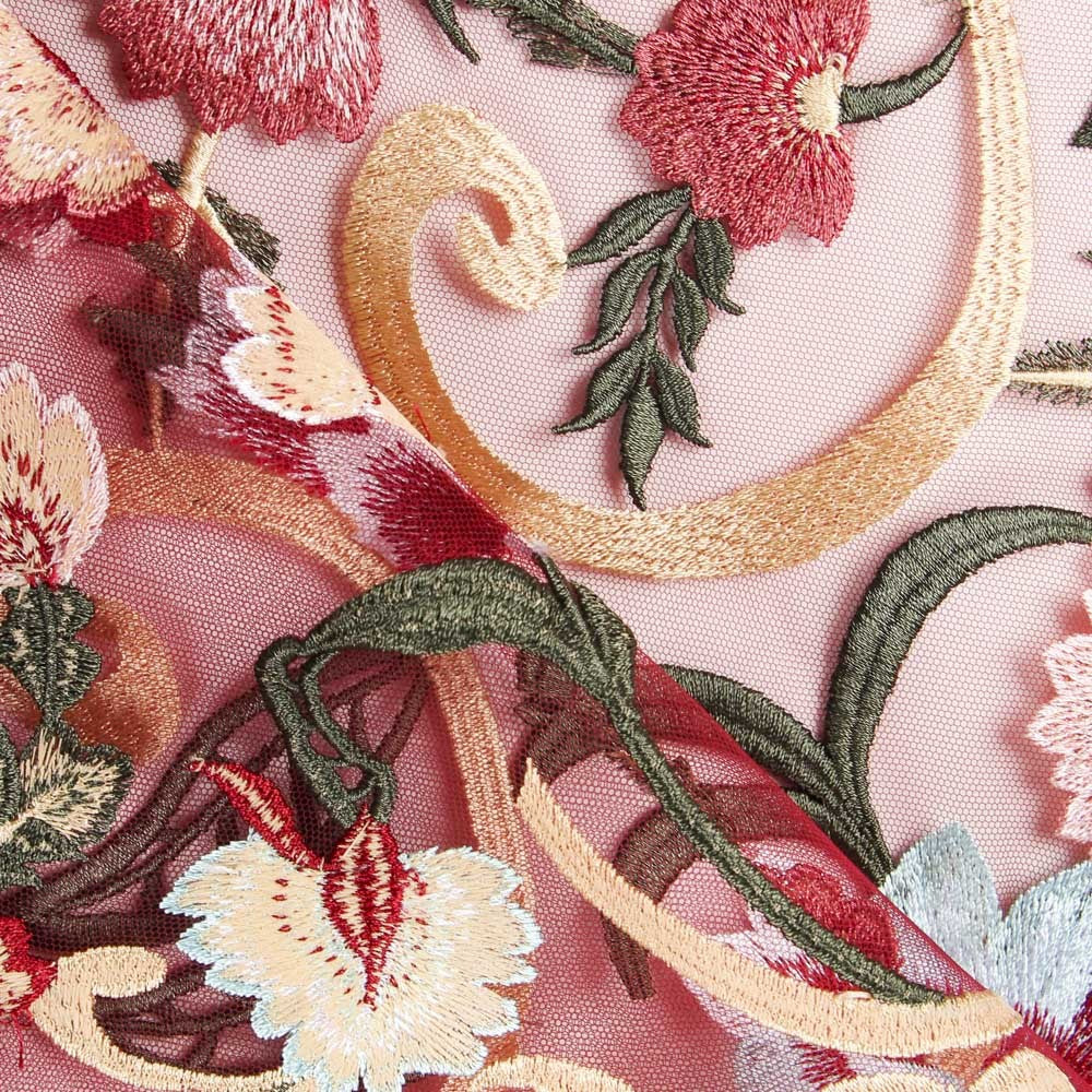 Tul Bordado Floral Granate - Ribes y Casals