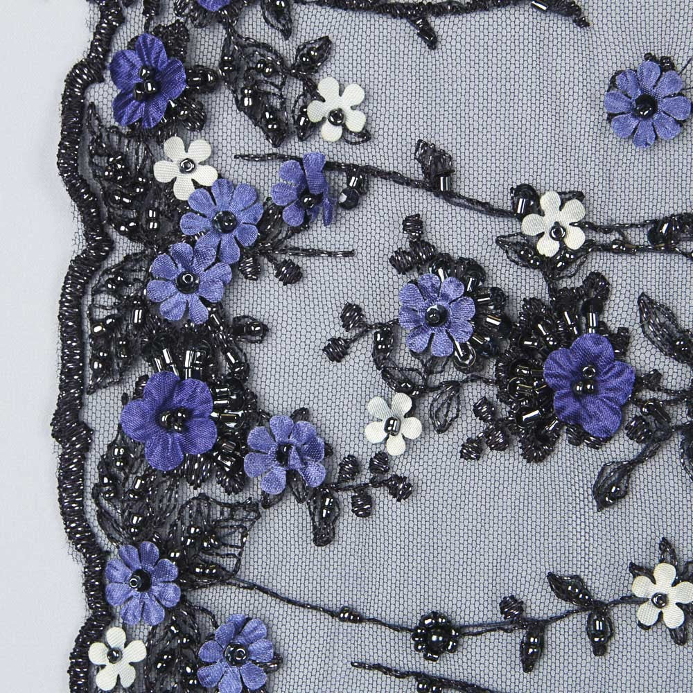 Tul Pedrería Bordado Floral Azul - Ribes y Casals