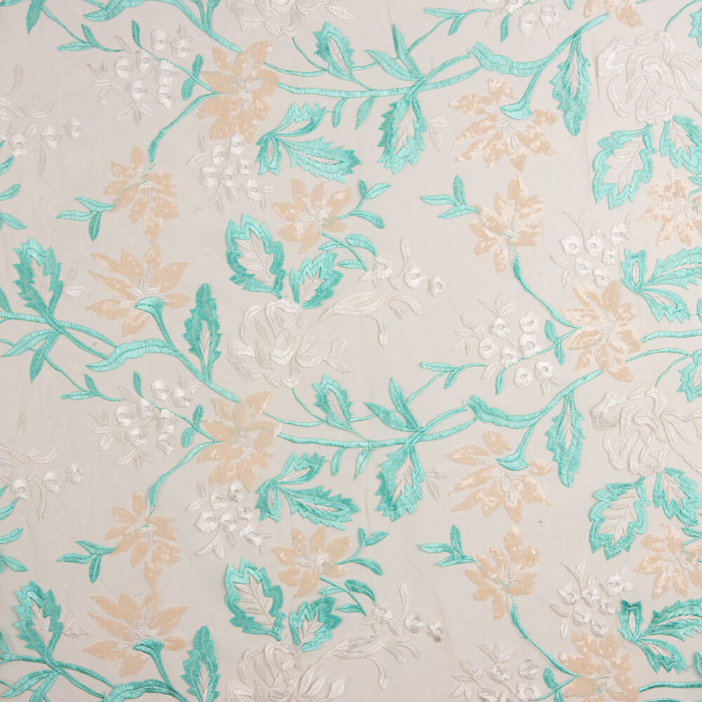 Tul Bordado Lentejuelas Hojas Verde Agua - Ribes y Casals