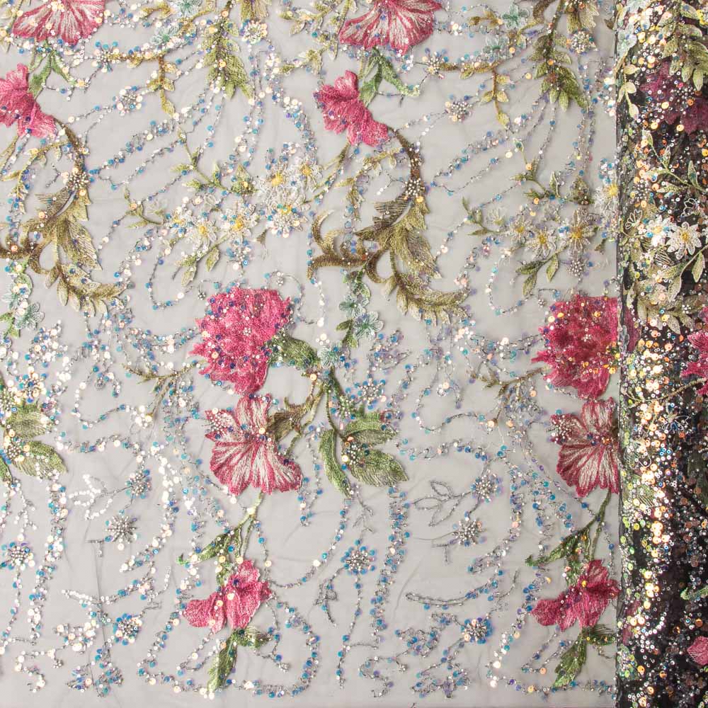 Tul Pedrería Bordado Floral Negro - Ribes y Casals