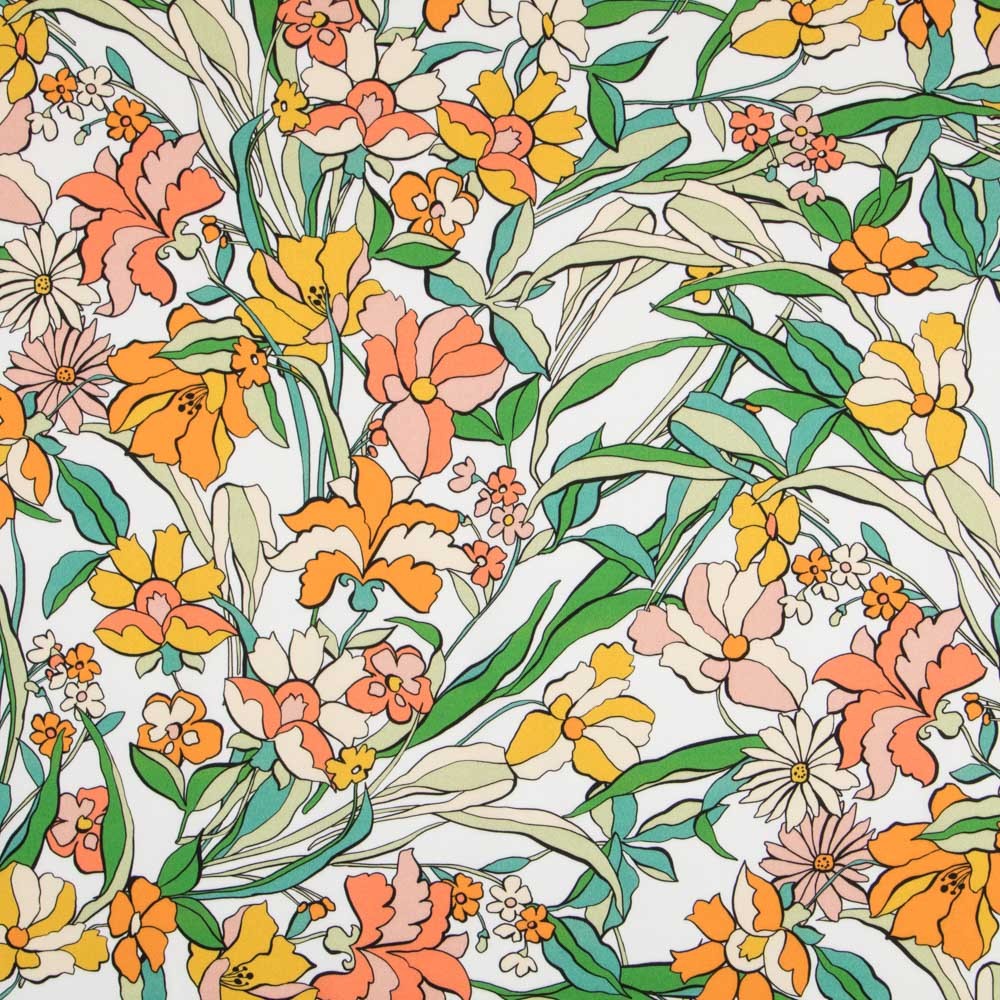 Viscosa Estampada Flor Naranja Blanco - Ribes y Casals