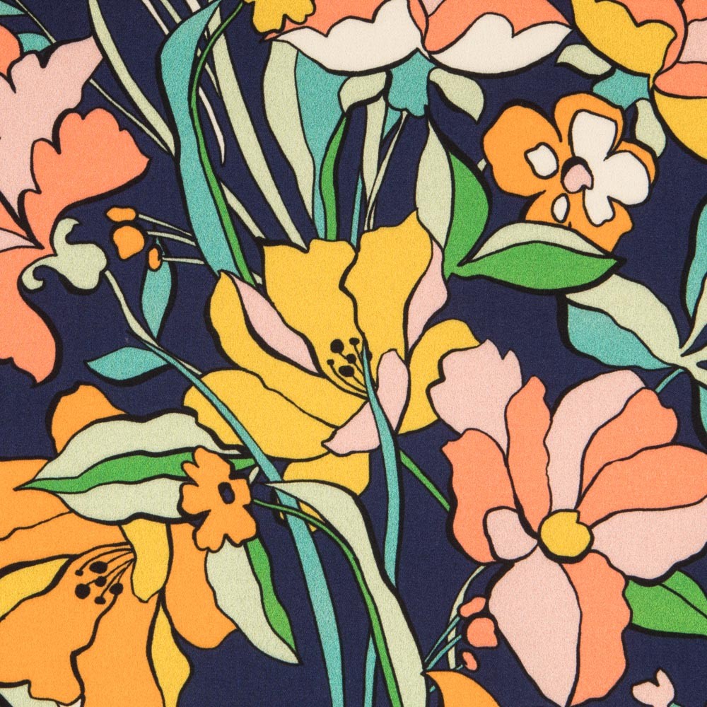 Viscosa Estampada Flor Naranja Marino - Ribes y Casals