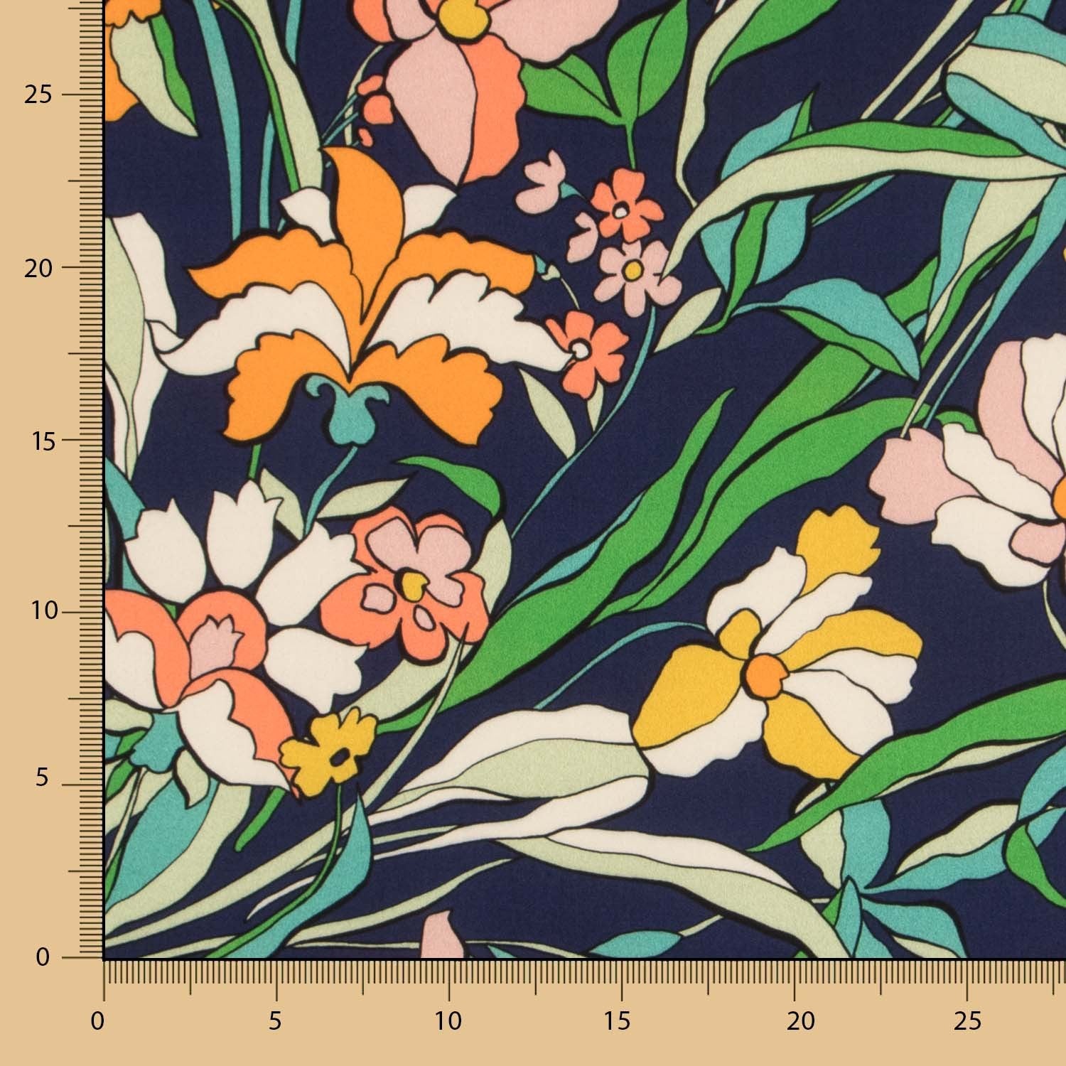 Viscosa Estampada Flor Naranja Marino - Ribes y Casals