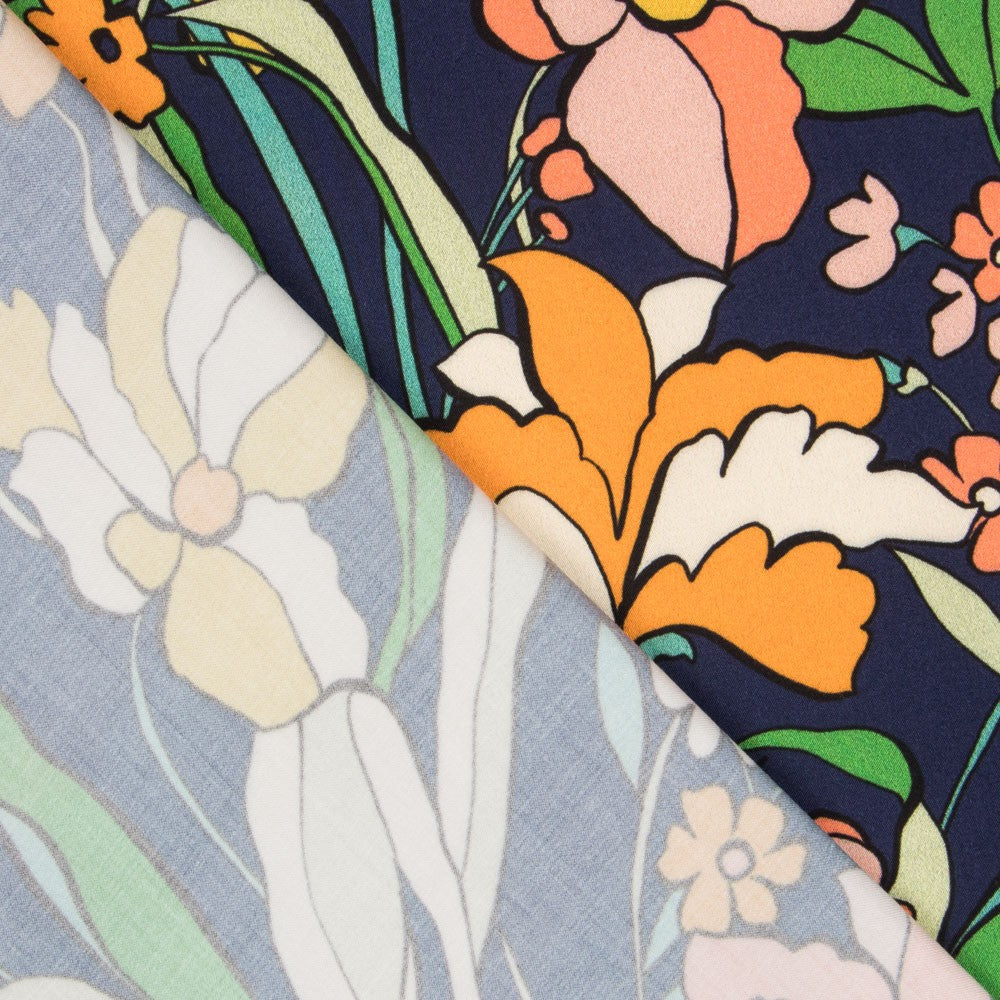 Viscosa Estampada Flor Naranja Marino - Ribes y Casals