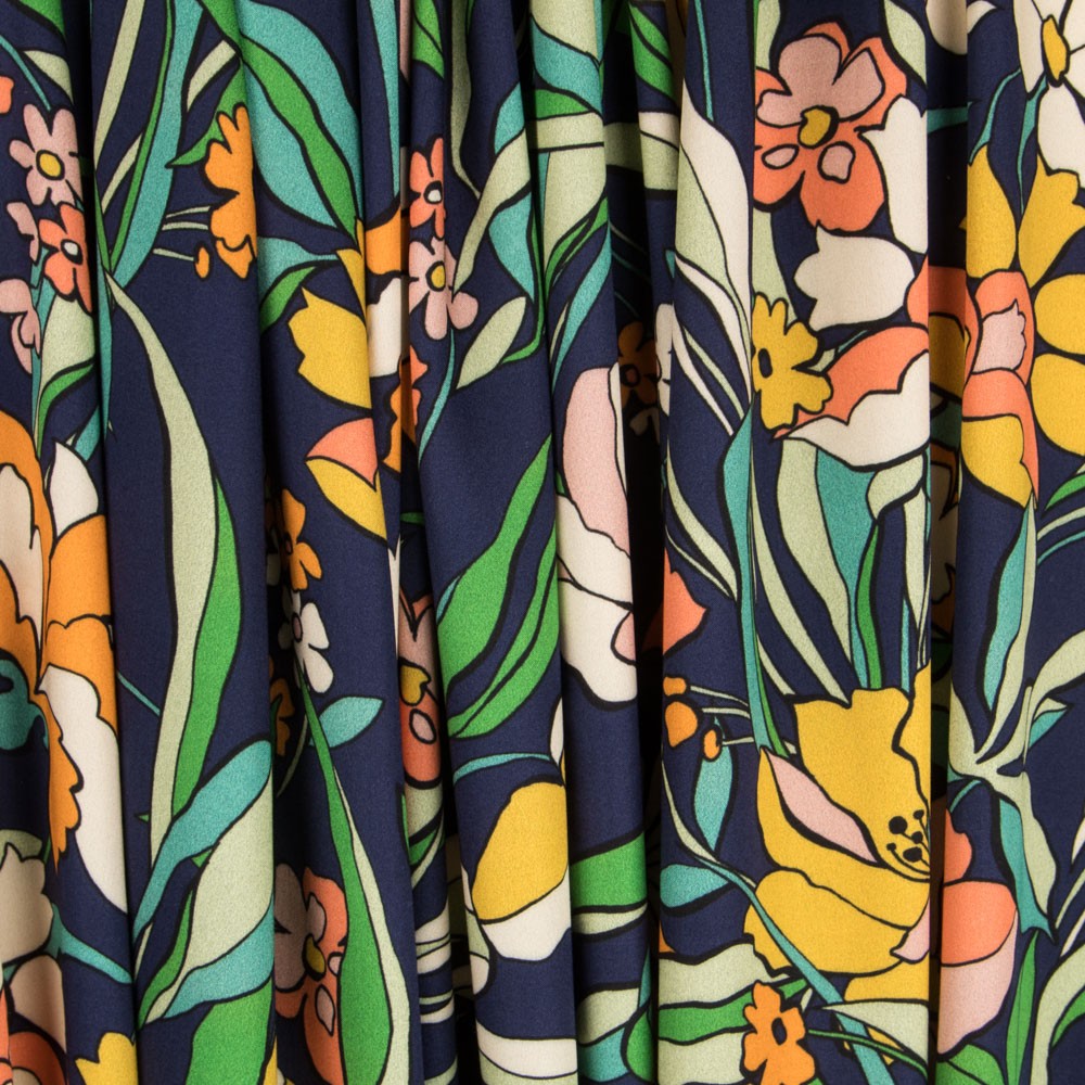 Viscosa Estampada Flor Naranja Marino - Ribes y Casals