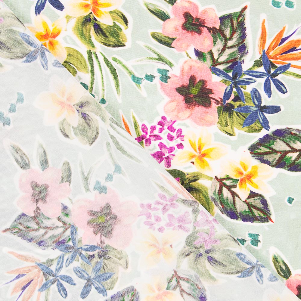 Plana Poliéster Fina Flores Verde Agua - Ribes y Casals